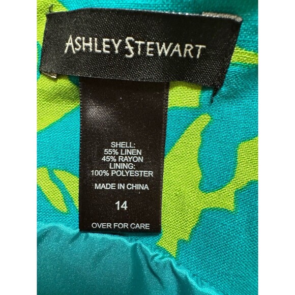 Ashley Stewart Dress Womens 14 Green Blue Floral Sleeveless Rayon Linen Mod MIDI - Picture 4 of 7